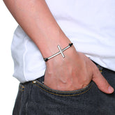 Men Cross Leather Bracelet Stainless Steel Black - Bracelet - Aurora Tears